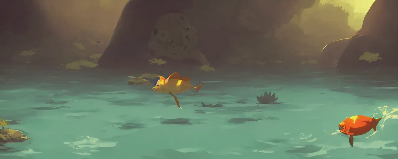 Image similar to piranhas swimming in a tropical river, atey ghailan, goro fujita, studio ghibli, rim light, ominous lighting, clear focus, very coherent