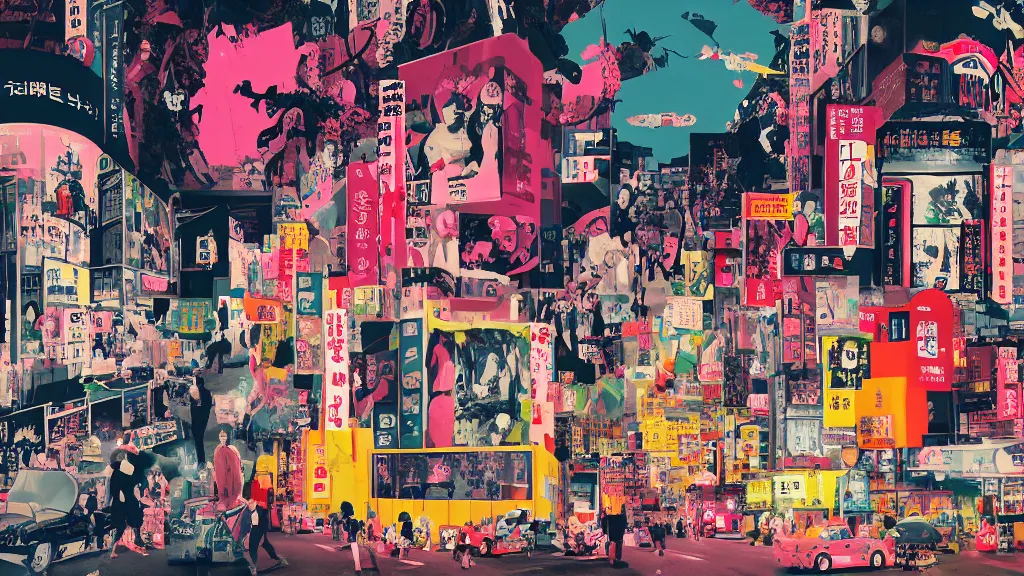 Prompt: pop culture mecca, japan, a collage painting, in the style of wes anderson, lola dupre, david hockney, isolated on negative white space background dark monochrome neon fluorescent spraypaint accents volumetric octane render