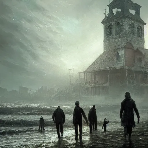 Prompt: shadow over innsmouth, people walking out of water, painted by seb mckinnon, high detail, dramatic light, digital art, painted by greg rutkowski, promotional movie posterart, trending on artstation