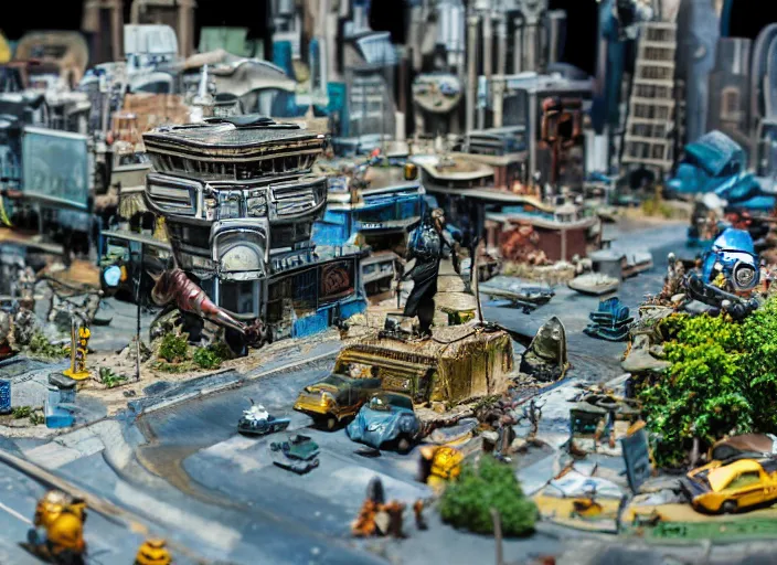 Image similar to a photo of a grand scale diorama with sci - fi vehicles and buildings and characters, macro photography