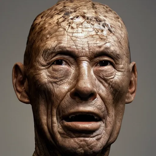 Prompt: hyperrealistic sculpture of a fossilized bronze chinese prisoner by ron mueck and duane hanson and giacometti and elizabeth frink, patina, hyperrealistic dramatic lighting 8 k