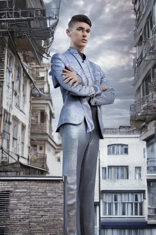 Image similar to un ultra high definition studio quality photographic art portrait of a young man standing on the rooftop of a british apartment building wearing soft padded silver pearlescent clothing. three point light. extremely detailed. golden ratio, ray tracing, volumetric light, shallow depth of field. set dressed.