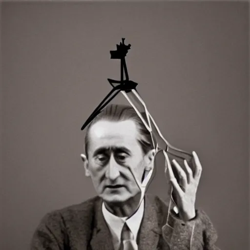 Image similar to Marcel Duchamp holding a low poly wireframe mesh model of a chess piece, blender, 35mm film