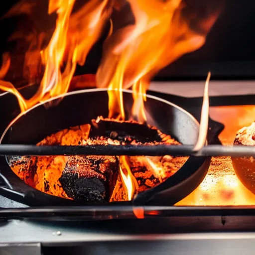 Prompt: a still frame from the Modernist cuisine cookbook featuring a cross-section of cooking over fire, black background.