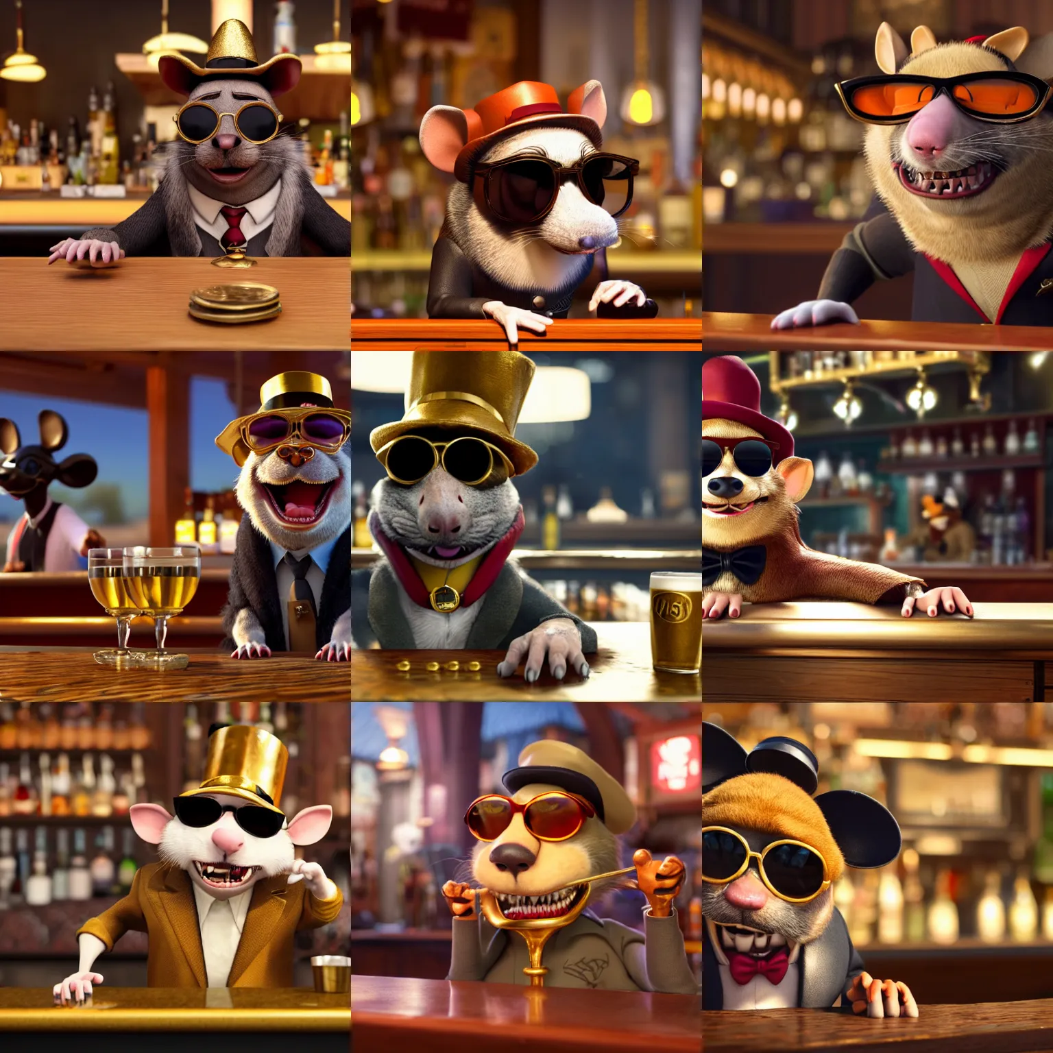 Prompt: a still of an anthropomorphic gangster rat, wearing sunglasses and a mafia-style hat, with gold teeth, long fur, sitting at a bar with lots of money in a Disney Pixar movie, 35mm f2.8, 4k, artstation, PBR materials, Pixar renderman render