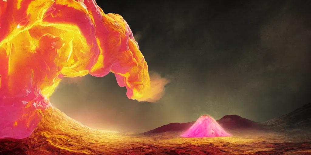 Image similar to pink lemonade flowing from the volcano, digital art, 4 k, highly detailed, soft lighting, dramatic perspective