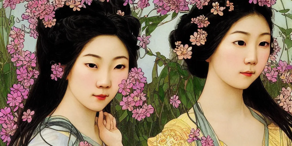 Image similar to a portrait of a very beautiful Asian young woman with giant flowers behind her head, looks like Tang Wei, in the style of WLOP and Alphonse Mucha and Ross Tran, realistic, seductive, closeup, facing the camera, dramatic lighting