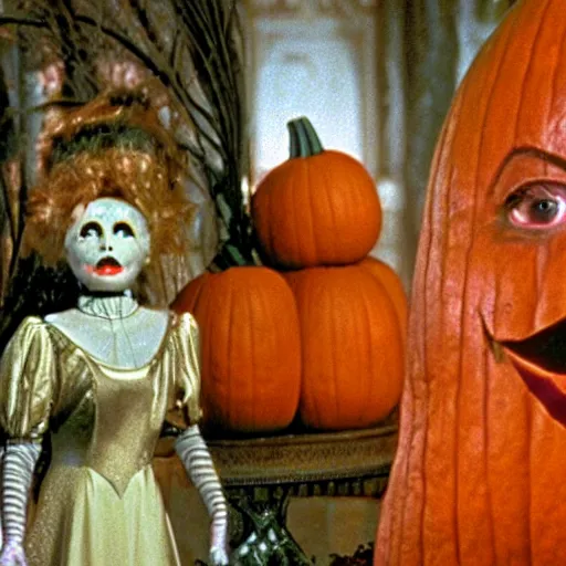 Prompt: photorealistic cinematography of Jack pumpkin head standing in the mirrored palace of queen Mombi in the style of the 1985 film Return To Oz Shot on Film by Return To Oz Cinematographer David Watkin