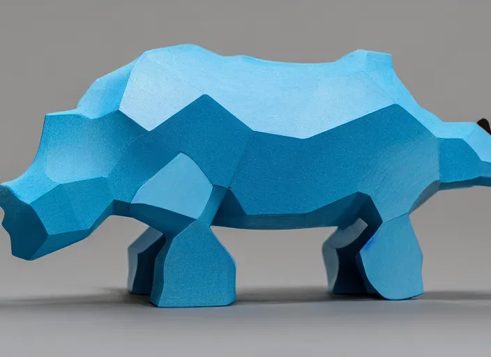 Image similar to a minimalist curvy shaped sculpture of hippopotamus!, ( ( wood ) ) and ( ( blue epoxy ) ) on top mix, cubic blocks stripes cuts, side view profile centered, studio, design, object, reddit