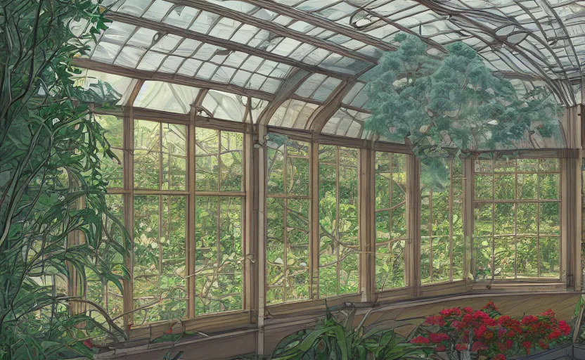 Prompt: japanese garden, huge greenhouse, sunny bay window, indoor, architecture, highly detailed, digital painting, artstation, art nouveau, concept art, sharp focus, illustration