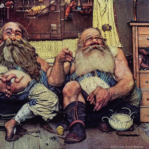 Image similar to detailed photo of extremely beautiful dwarves having good rest after work, intricate details, norman rockwell style
