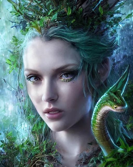 Image similar to portrait high definition photograph female fantasy character art, hyper realistic, pretty face, hyperrealism, iridescence water elemental, snake skin armor forest dryad, woody foliage, 8 k dop dof hdr fantasy character art, by aleski briclot and alexander'hollllow'fedosav and laura zalenga