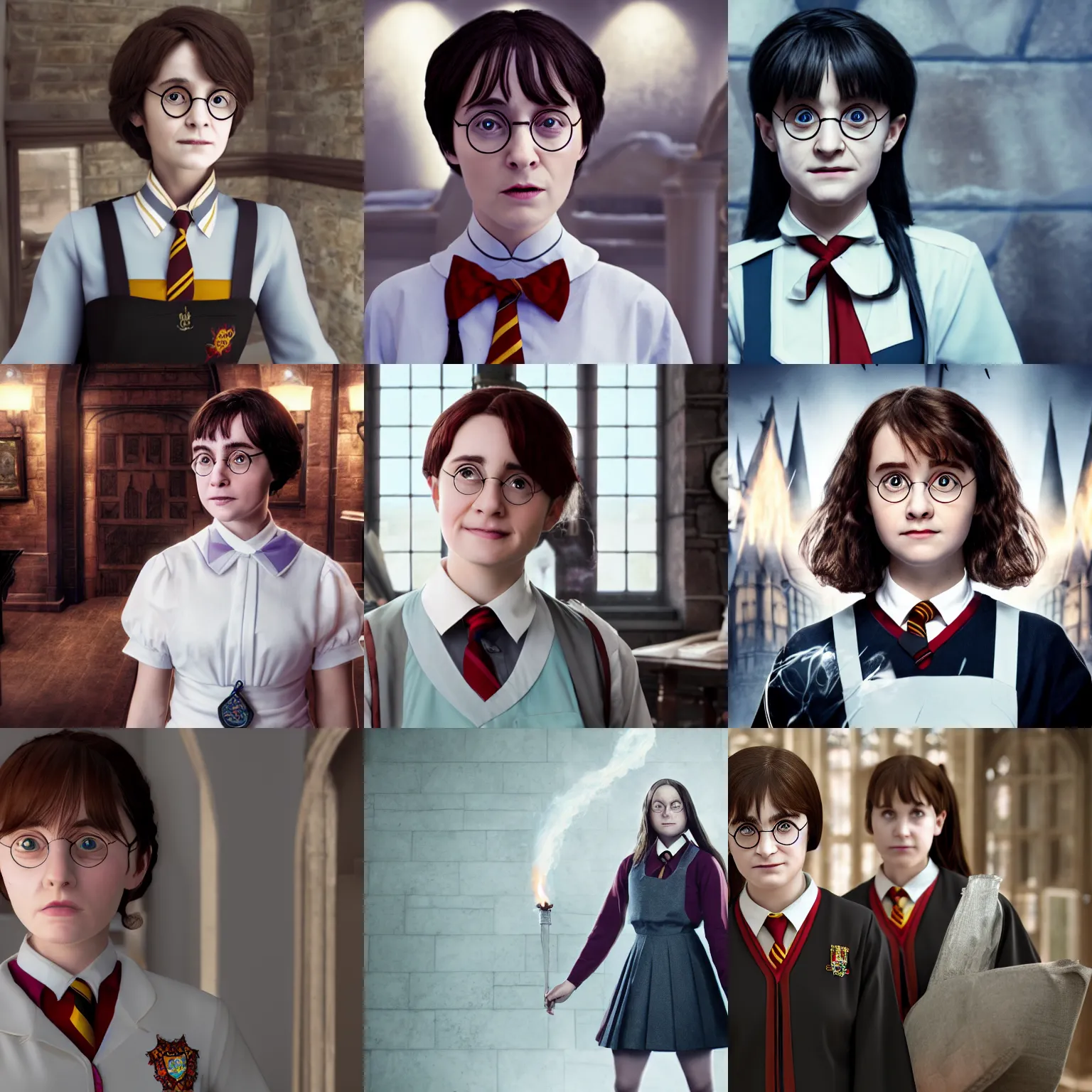 Prompt: Harry Potter in a maid\'s uniform, octane render, 4k, 8k, 32k uhd