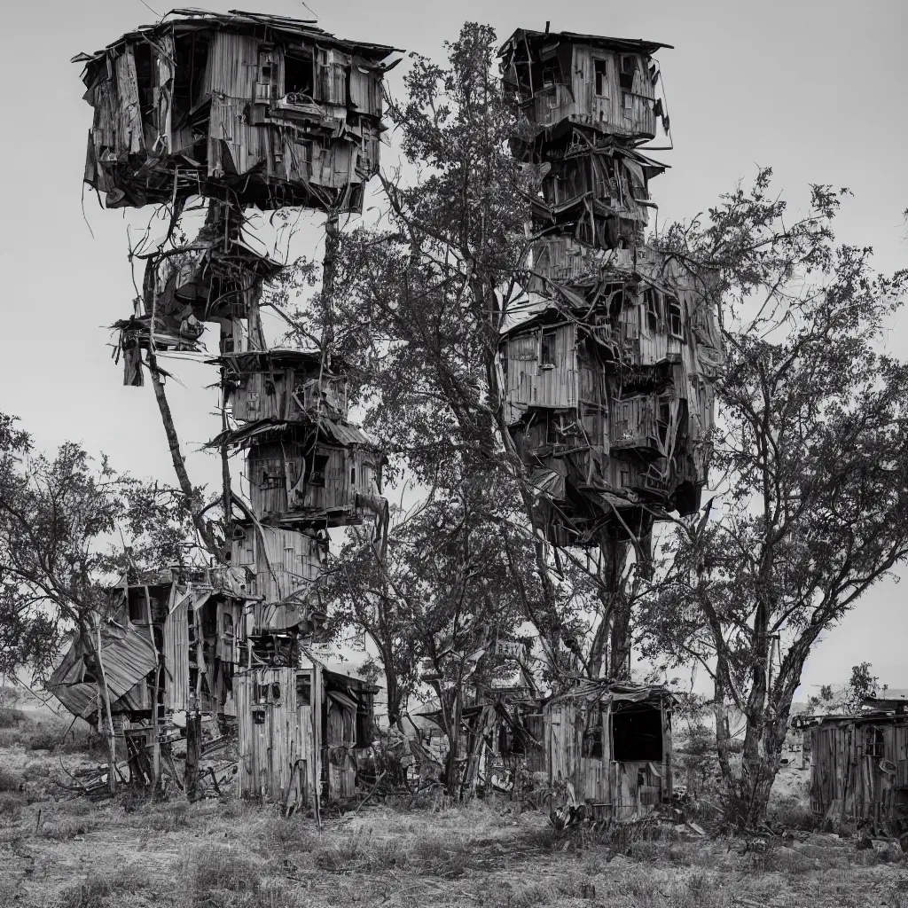 Prompt: a tower made up of makeshift squatter shacks, dystopia, sony a 7 r 3, f 1 1, fully frontal view, photographed by ansel adams, ultra detailed,