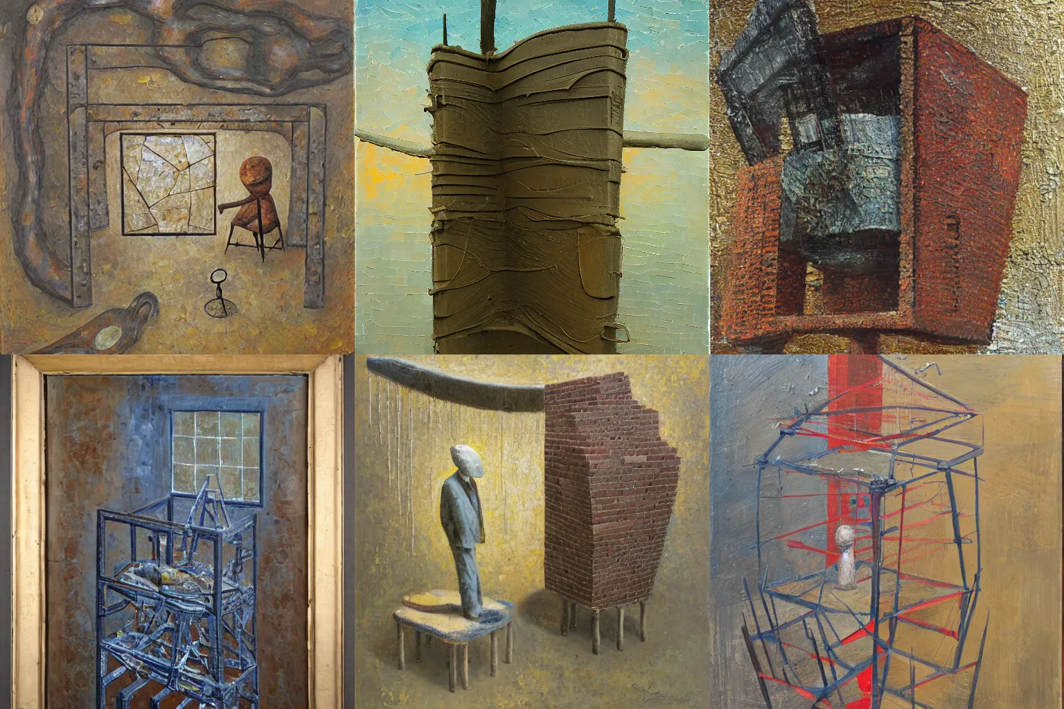 Prompt: a detailed, impasto painting by shaun tan and louise bourgeois of an abstract forgotten sculpture by ivan seal and the caretaker, mysterious structure