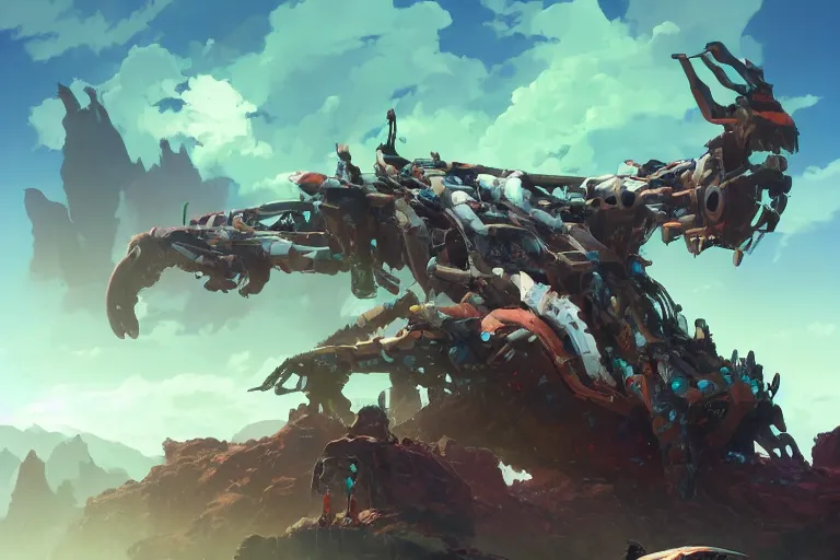 Image similar to grimhorn fanghorn machine mecha animal beast robot of horizon forbidden west horizon zero dawn bioluminiscence, behance hd by jesper ejsing, by rhads, makoto shinkai and lois van baarle, ilya kuvshinov, rossdraws global illumination