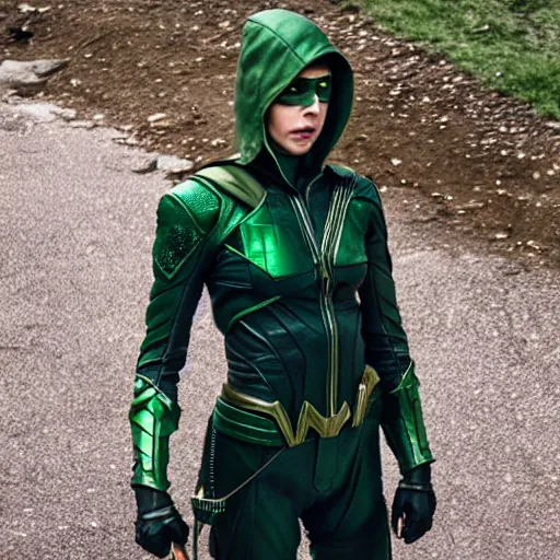 Image similar to film still of willa holland as a female green arrow in the 2 0 1 7 film justice league, focus on facial details, minimal bodycon feminine costume, dramatic cinematic lighting, inspirational tone, suspenseful tone, promotional art