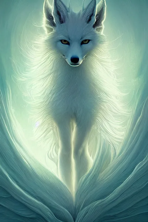 Image similar to complete and delicate portrait of a white nine - tailed fox, beautiful, agile, fairy, myth, legend, detailed, trending on artstatioin, light effects, kilian eng, john harris, bastien lecouffe - deharme