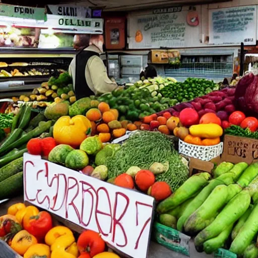 Prompt: greengrocer with a sign that says counter strike