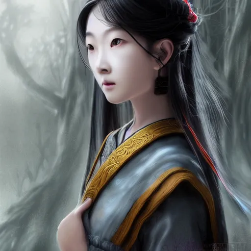 Image similar to ultra-detailed, amazing details, grayish palette, Three Kingdoms vibes and Tao vibes, HD semirealistic anime CG concept art digital painting of a Japanese schoolgirl, by a Chinese artist at ArtStation, by Huang Guangjian, Fenghua Zhong, Ruan Jia, Xin Jin and Wei Chang. Realistic artwork of a Chinese videogame, gentle an harmonic colors.