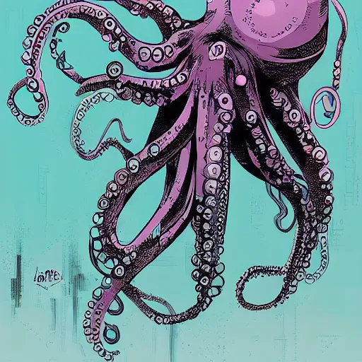 Image similar to a cyberpunk octopus, in the style of Ashley Wood and Moebius