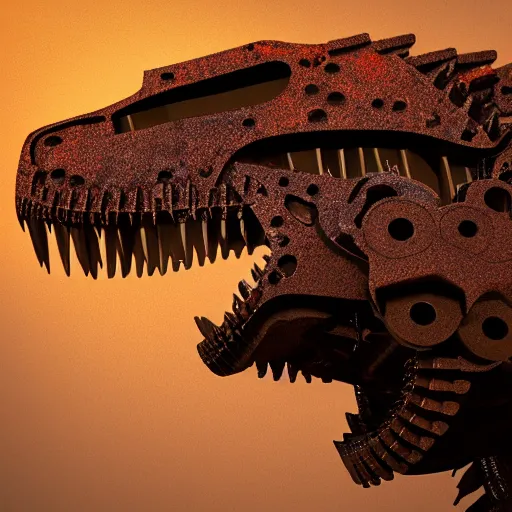 Image similar to a t-rex made of rusty gears, octane render, 3D