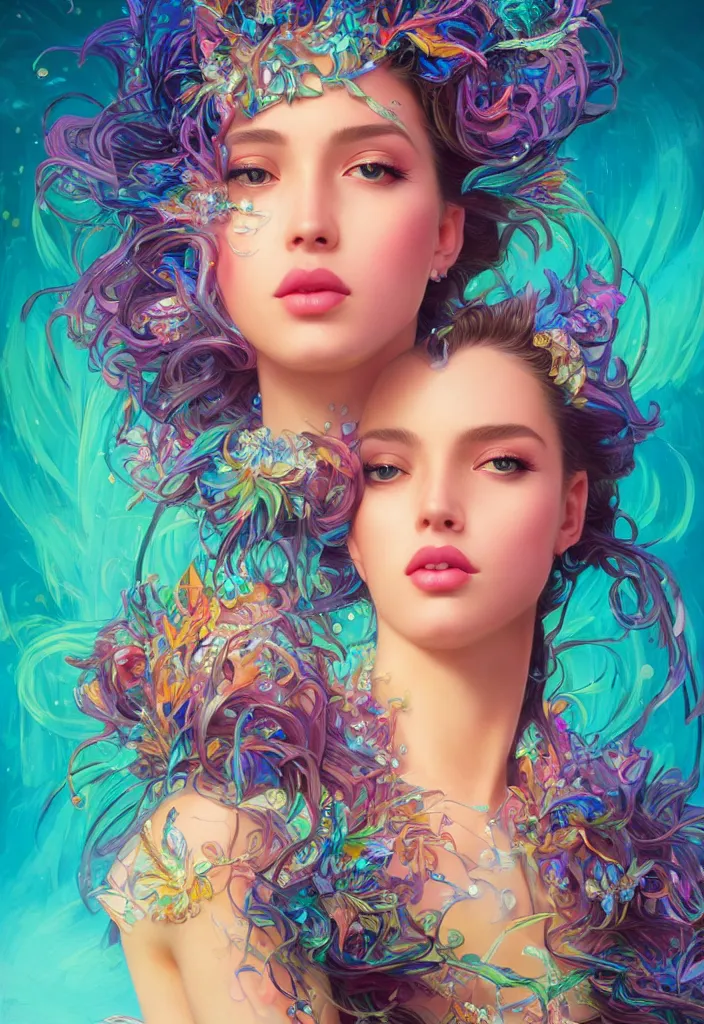 Image similar to beautiful, young woman, detailed gorgeous face, vaporwave aesthetic, synthwave, colorful, psychedelic, water droplets, feathers, crown, artstation, concept art, smooth, extremely sharp detail, finely tuned detail, ultra high definition, 8 k, unreal engine 5, ultra sharp focus, illustration, art by artgerm and greg rutkowski and alphonse mucha