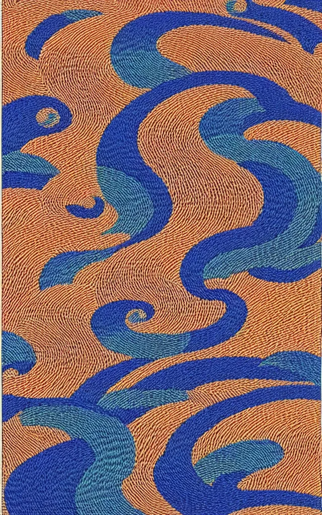 Prompt: wave, particle, synth, frequencies, pattern, oscillation. wave-particle duality. beautiful japanese embroidery. Retro art by jean giraud.