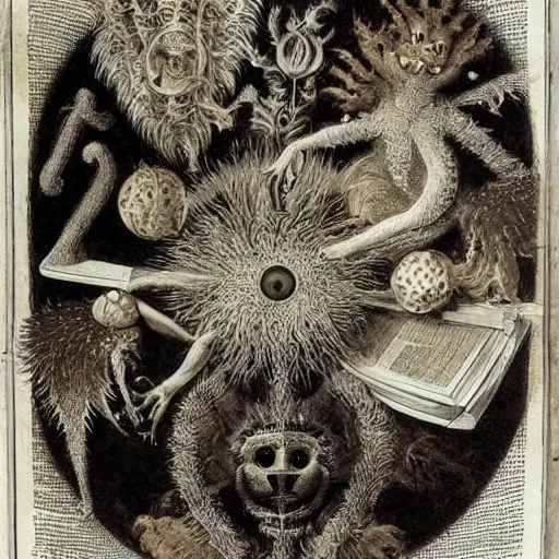 Image similar to furry freaky creature sings a unique canto about'as above so below'being ignited by the spirit of haeckel and robert fludd, breakthrough is iminent, glory be to the magic within