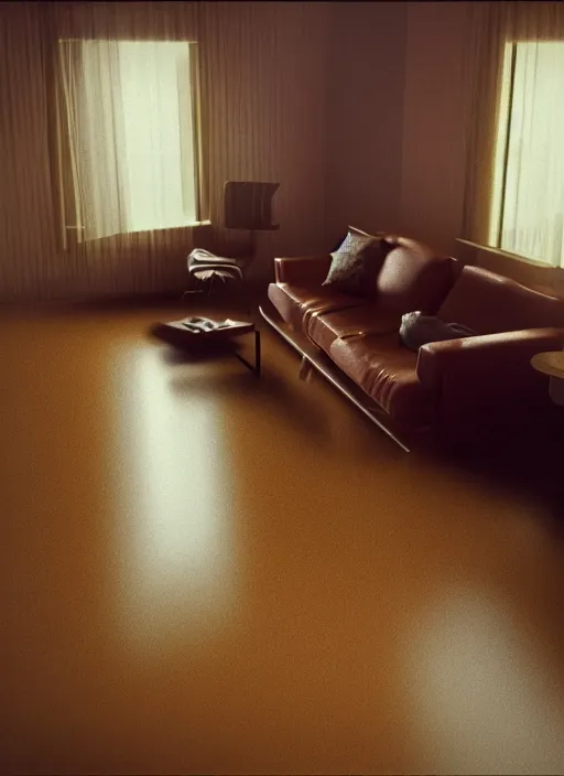 Prompt: kodak portra 4 0 0 photographic and realistic, 7 0 s living room, detailed, octane render, 4 k, hyper realistic, only floor flooded, wide angle, 2 8 mm, sharp focus, soft light, volumetric light fog, in the style of gregory crewdson