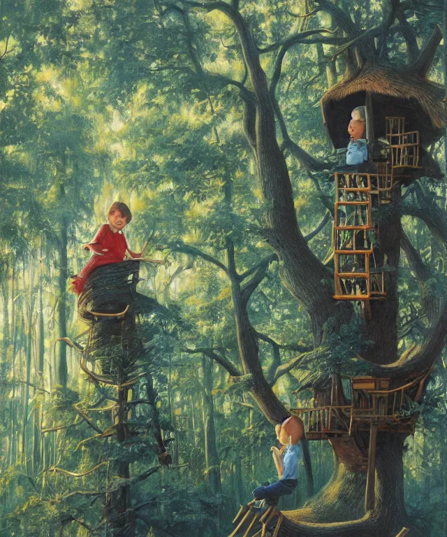 Prompt: masterful oil on canvas painting, eye - level view, shot from 5 0 feet distance, of a kid playing in a treehouse. in the background is a whimsical sparse forest. golden hour, detailed, depth, volume, chiaroscuro, quiet intensity, vivid color palette. by tex avery and gerald brom