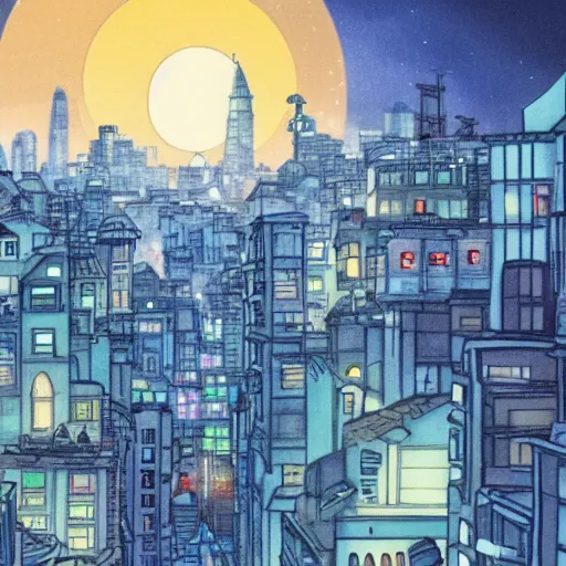 Image similar to a city at night, 4 k, studio ghibli