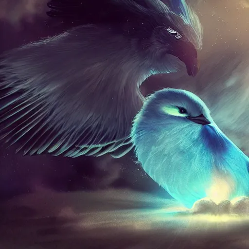 Prompt: a cuet mystical bird sleeping mofumofu, fluffy Full of Light, Animated Film, Cinematography, Atmosphere, Highly Detailed Heavenly Dramatic Lighting, Highly Realistic Cinematic Lighting, Volumetric Lighting, Photography, Anime Style, Cinema, Epic High Dynamic Lighting, HDR