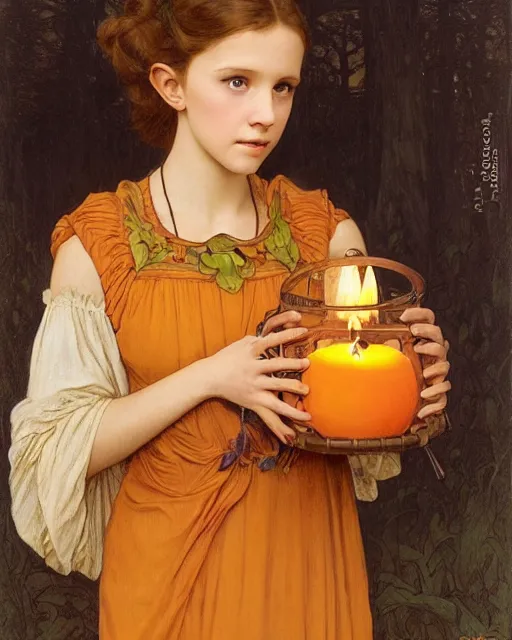 Image similar to an art nouveau candlelit portrait painting of a thoughtful girl resembling a young, shy, redheaded alicia vikander or millie bobby brown wearing peasant dress carrying a jack - o - lantern in a fall forest at night, highly detailed, intricate, concept art, artstation, by donato giancola, alphonse mucha, and william bouguereau