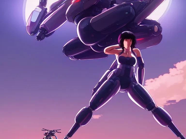 Image similar to a fullbody portrait of motoko kusanagi riding on top of a tachikoma : : stand alone complex, ghost in the shell, netflix : : by ilya kuvshinov, rossdraws, artgerm, sola digital arts, anti aliasing, raytracing : :