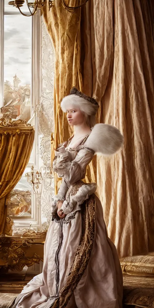 Image similar to young attractive beautiful scandinavian woman wearing 1 8 th century stay in versailles, wow 4 k detail fantasy, matte painting, realistic materials, photo realistic, postprocessing, cinematic, hyperrealistic, studio lighting, ekaterina, the tudors, photography by richard jenkins