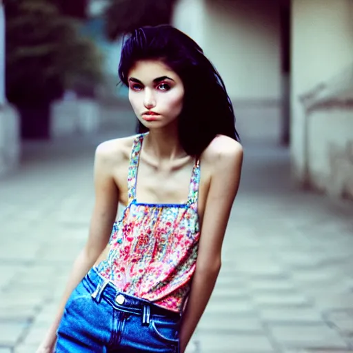 Image similar to she, amazing, snapshot of, face, eyes, hair, neck of beautiful, fashionable, elegant, conservative, young, uzbek, fashion model and student, slender, tank top, denim shorts. image quite stunningly complex. nikon fm 2 film blow - up