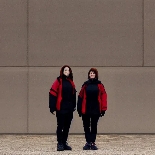 Image similar to photograph of 2 women wearing techwear in front of a brutalist metal building, on a desolate plain, red eerie sky, sigma 8 5 mm f / 1. 4, 4 k, depth of field, high resolution, 4 k, 8 k, hd, full color