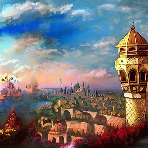 Image similar to a ottoman structure in the sky, fantasy art, intricate