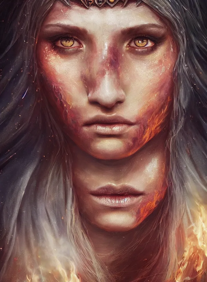 Image similar to a face portrait of a beautiful girl as a fire sorceress from skyrim, fantasy setting, beautiful face, serene colors, soft lighting, atmospheric, cinematic, moody, in the style of diego koi, gina heyer, luiz escanuela, art by alyssa monk, hyperrealism, rule of thirds, golden ratio, oil on canvas, 8 k