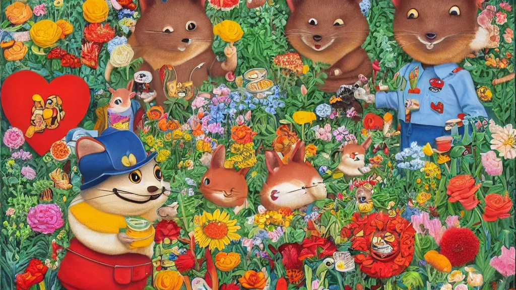 Image similar to highly detailed richard scarry oil painting of a heart surrounded by all the known species of flowers