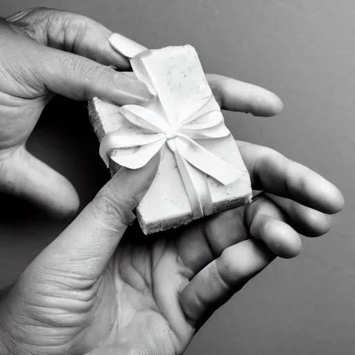 Image similar to a hand holding up a hand made scented bar of soap with a ribbon around it, soap shop in the background, studio advertising photography