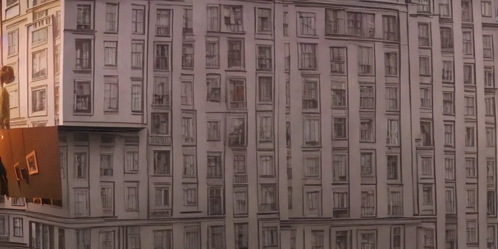 Image similar to a very high resolution image from a new movie, upside - down building, mirror, door, beautiful scenery, photorealistic, photography, directed by wes anderson