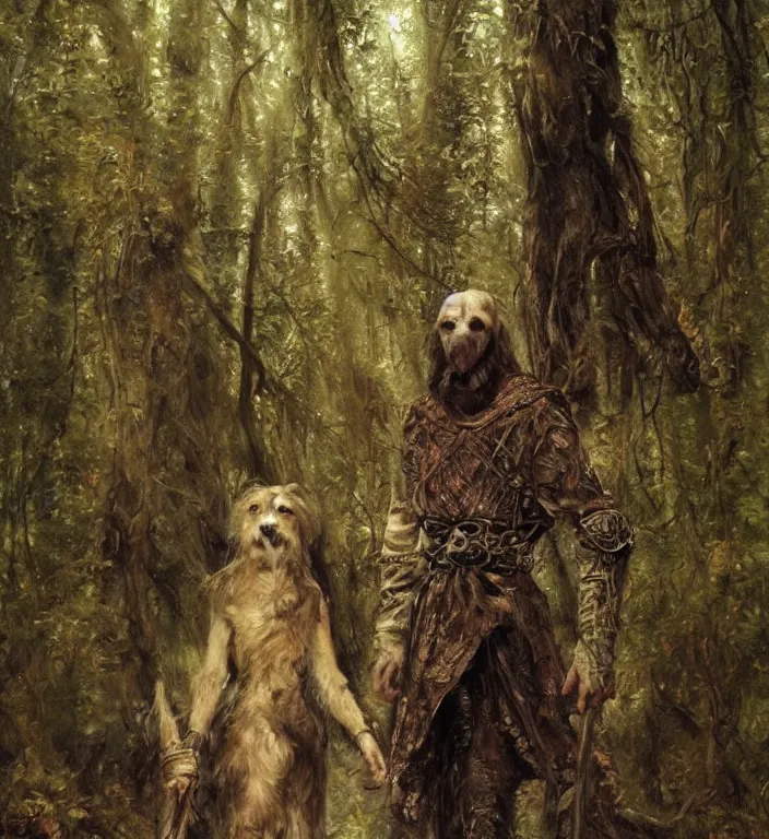 Image similar to slavic dog head man, woolen torso in medieval clothes, walking in the forest, orthodox saint christopher, art by luis royo, oil painting, painting by viktor vasnetsov, concept art, hyperrealism, beautiful, high resolution, trending on artstation,