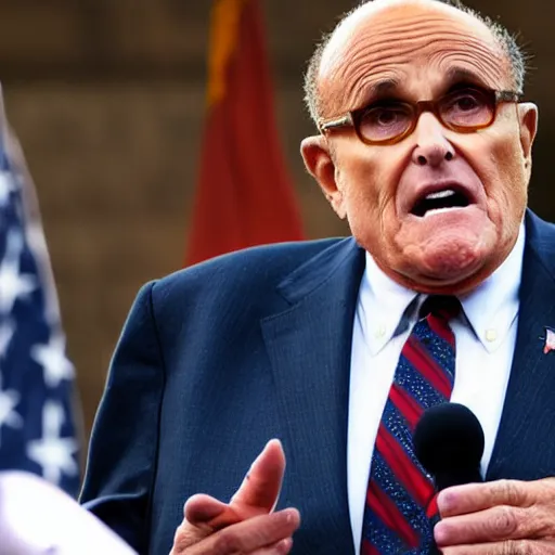 Image similar to Rudy Giuliani giving a press conference in a dump