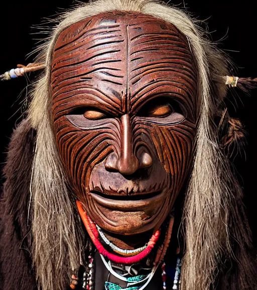 Prompt: portrait of a hopi sorcerer wearing a scary wooden mask and many necklaces, annoyed look, dark background, studio light, hdr, nikon 2 4 mm f / 1. 8 g, by sebastiao salgado