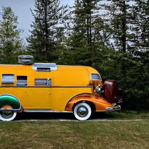 Image similar to photo of a 1 9 3 6 chrysler airstream parked at a lake