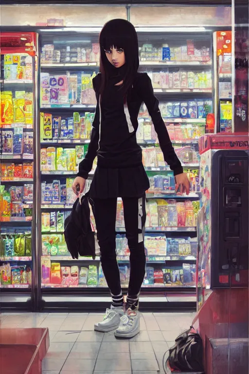 Image similar to A ultradetailed beautiful panting of a stylish girl wearing streetwear standing in a convenience store, Oil painting, by Ilya Kuvshinov, Greg Rutkowski and Makoto Shinkai