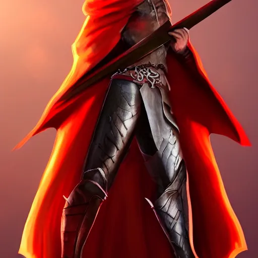 Image similar to warrior holding two swords, full body worn out cape, red hoodie, worn out clothes, symmetry, concept art, volumetric light, full body shot, 8K, trending on artstation