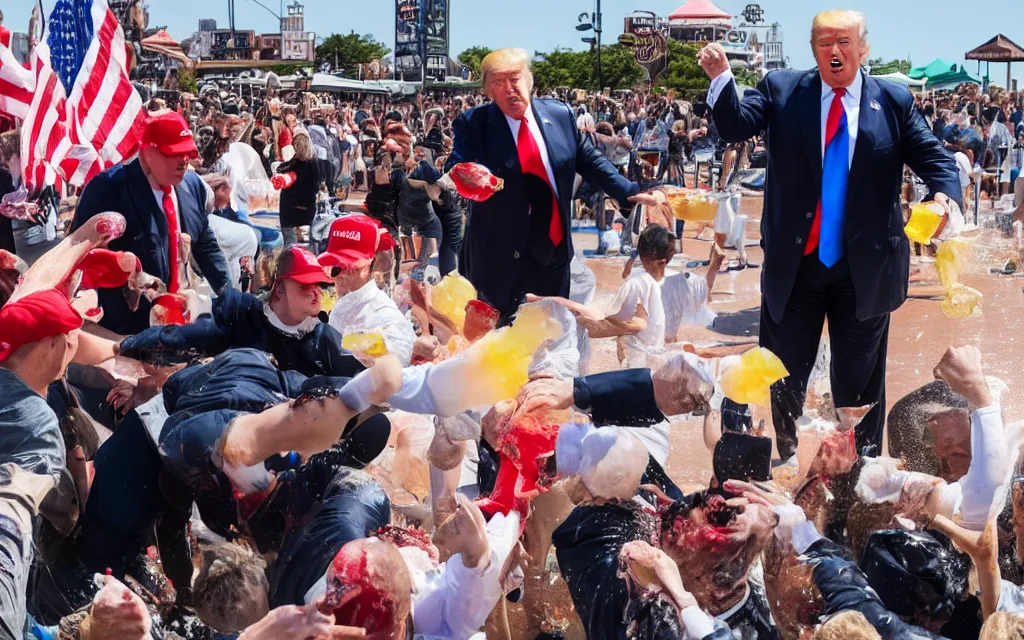 Prompt: donald trump hitting people with pudding, jello stained clothes, golden hour, boardwalk